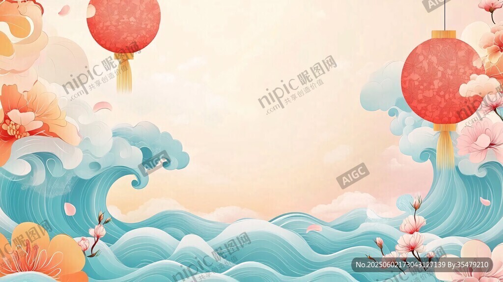 中式新春海浪灯笼背景图