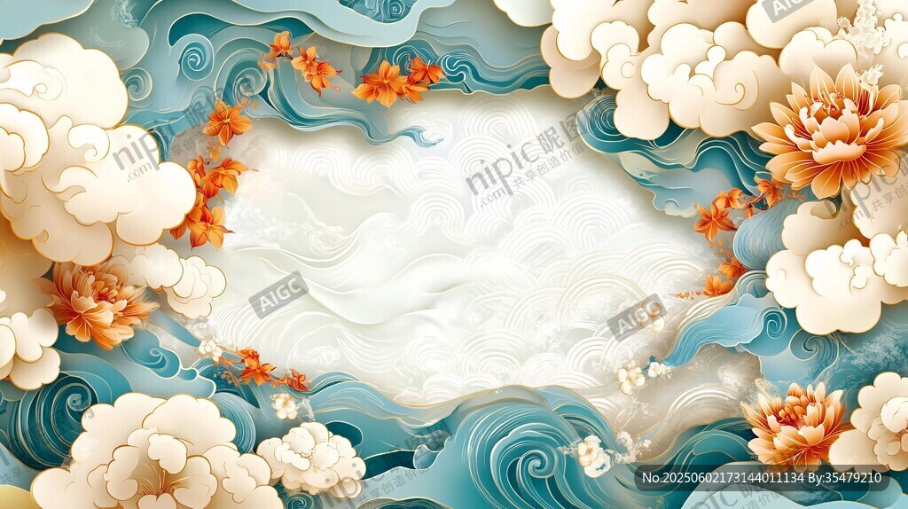 中式纸艺风花卉海浪背景图