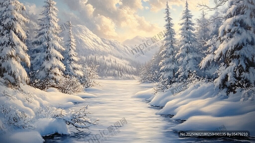 冬日雪林溪流梦幻美景