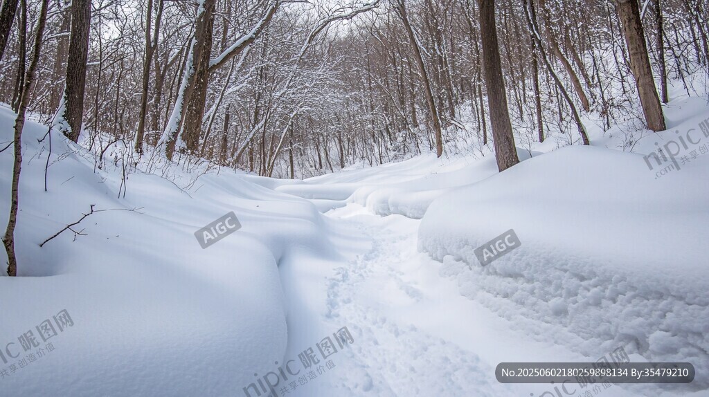 雪覆林间小径 冬日静谧景