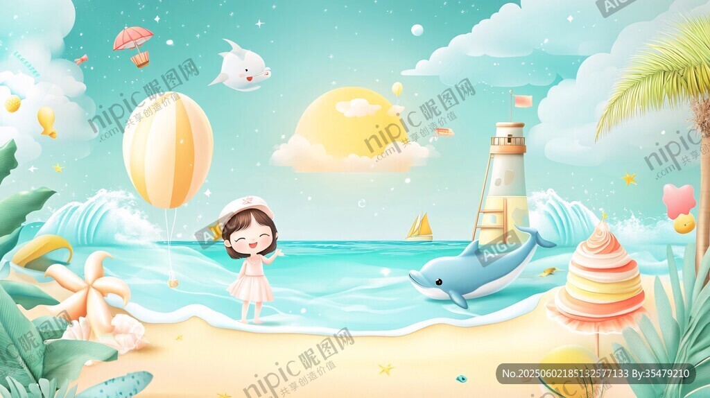 女孩在夏日梦幻海滩玩耍