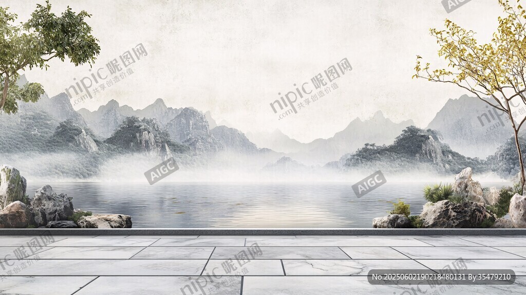 水墨山水庭院景观意境图
