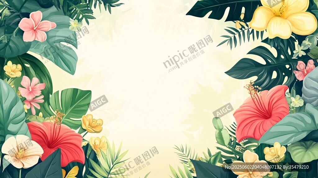 热带花卉绿植边框背景图