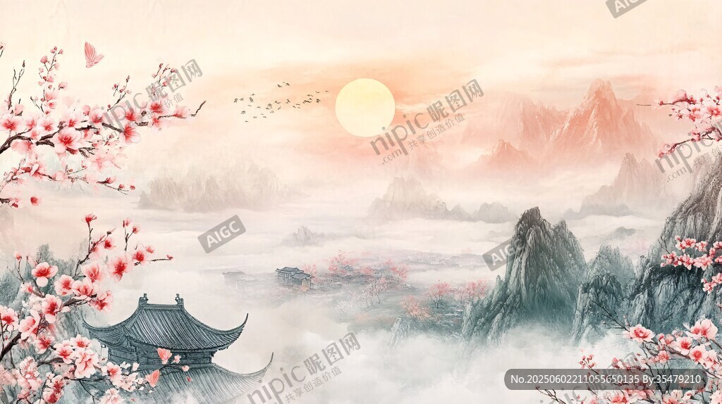 春日山水亭阁诗意画卷