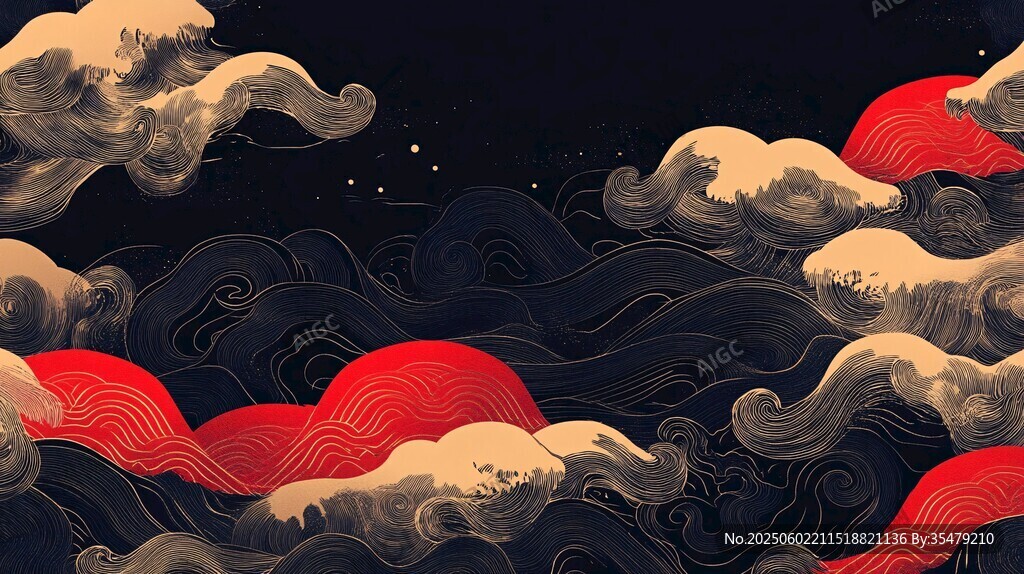 中式海浪插画 红黑配色