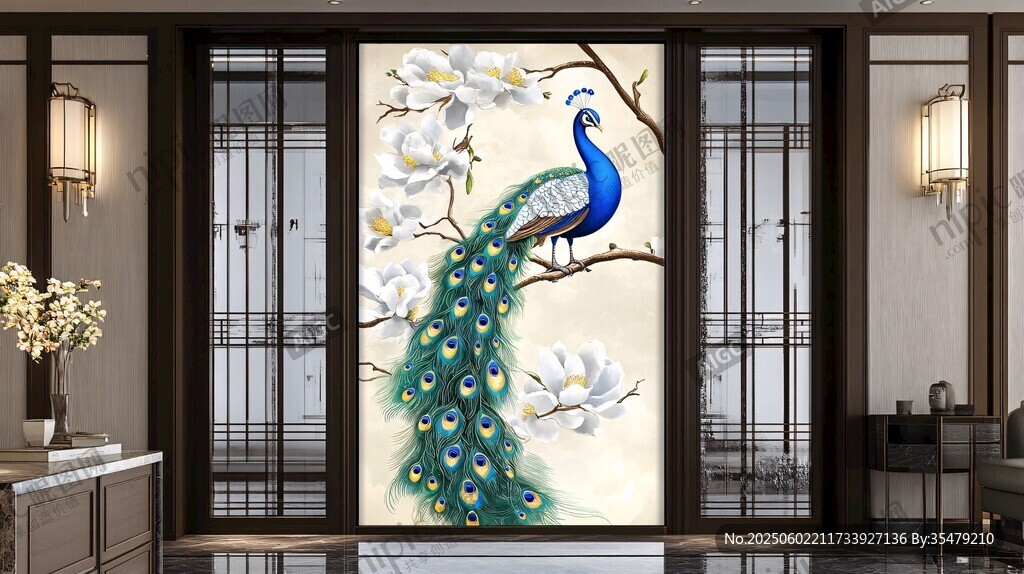 中式玄关孔雀玉兰花壁画