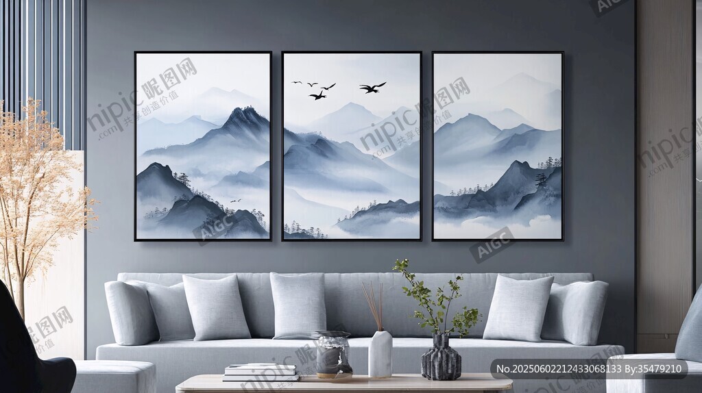 新中式客厅三联山水装饰画