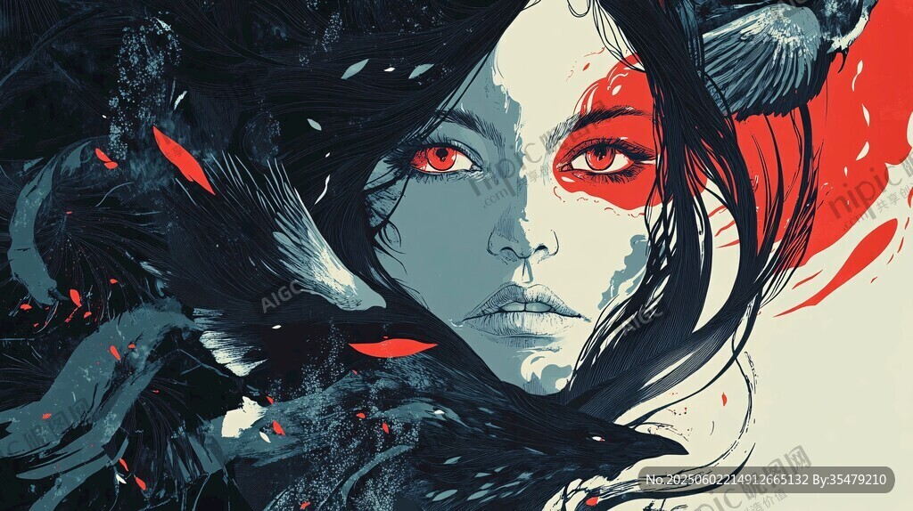 神秘红眸女子与飞鸟奇幻图