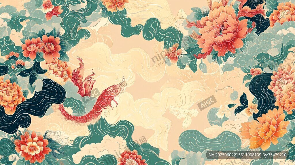 中式花卉锦鲤吉祥图案