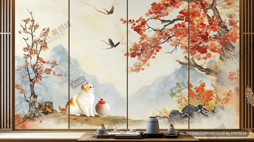 中式屏风前的猫咪静憩图