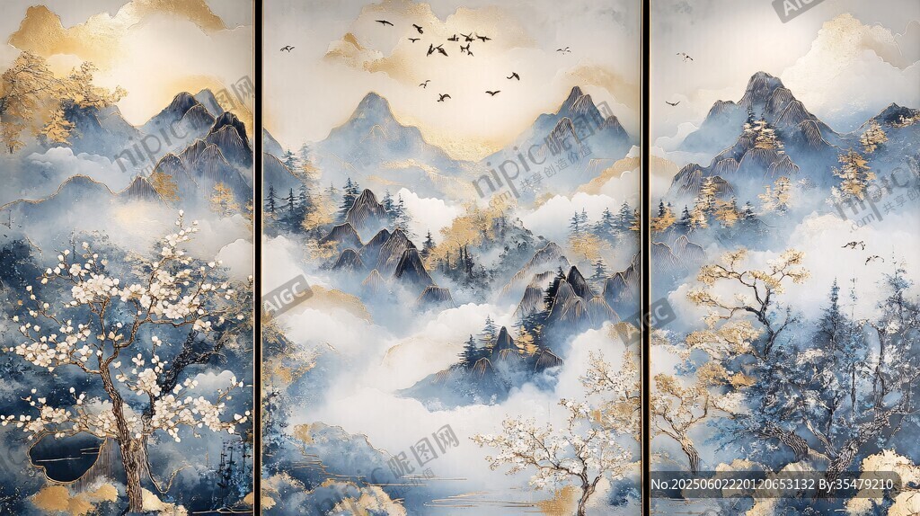 三联山水墨画 诗意山水景