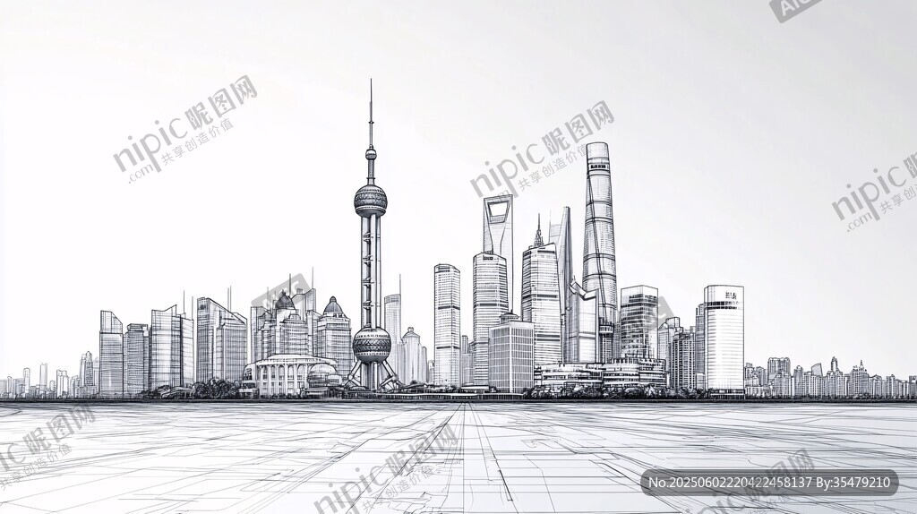 上海城市天际线线稿景观
