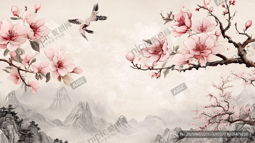 中式花鸟山水意境图