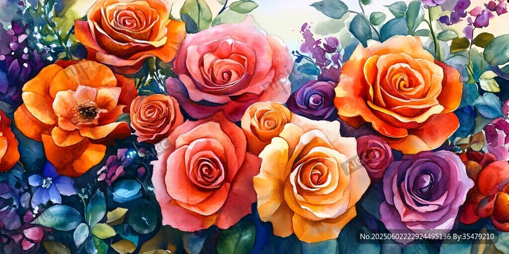 多彩玫瑰花束水彩画