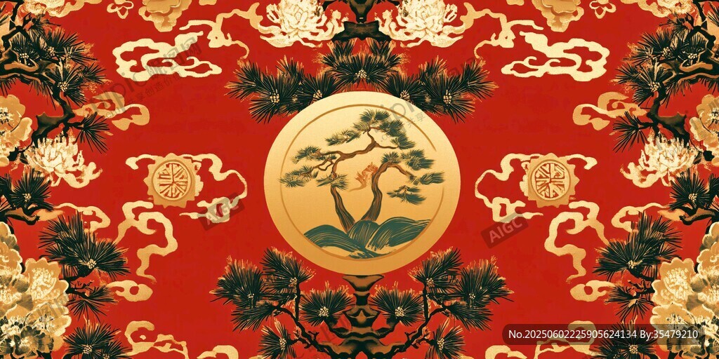 中式红底松鹤祥云吉祥图案