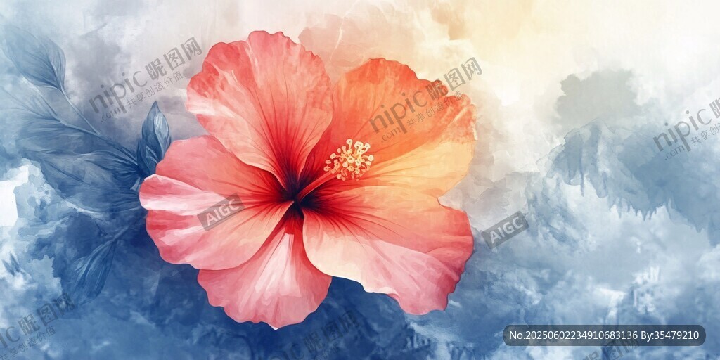 水彩风艳丽朱槿花特写