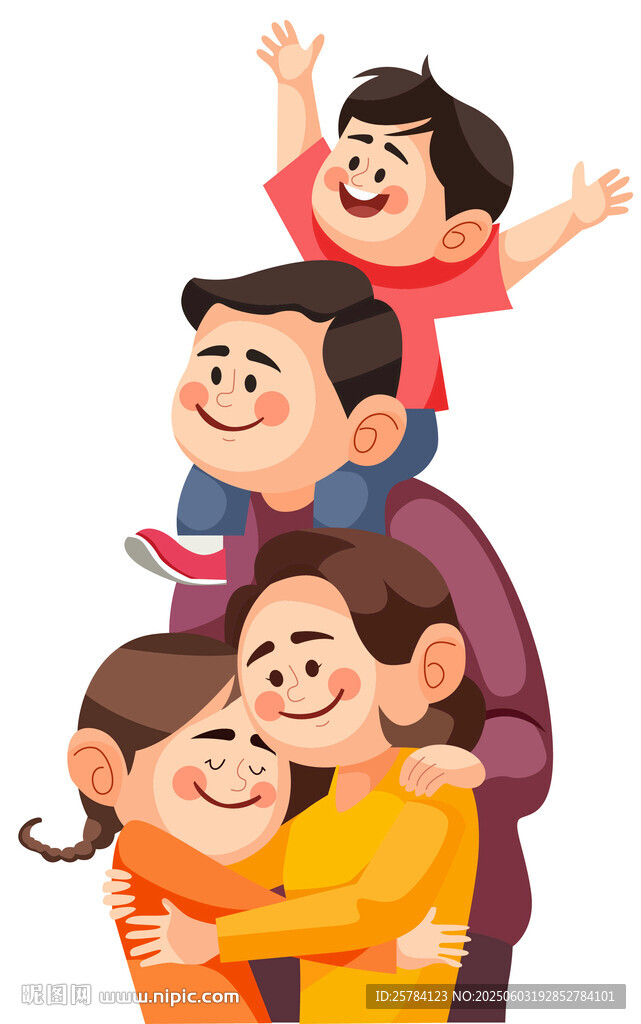 温馨一家人四口之家拥抱教育插画