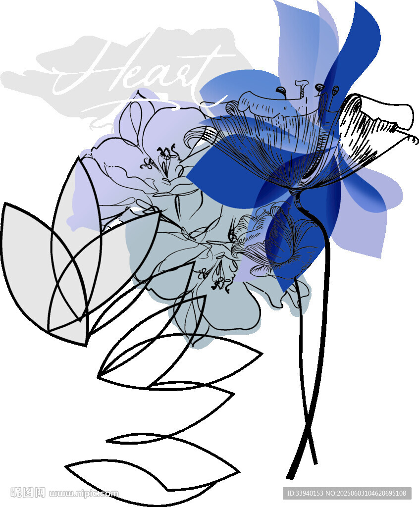 抽象蓝花线条艺术插画
