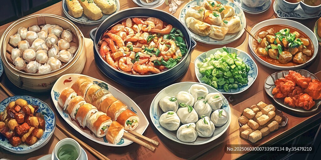 丰盛中式美食摆满一桌