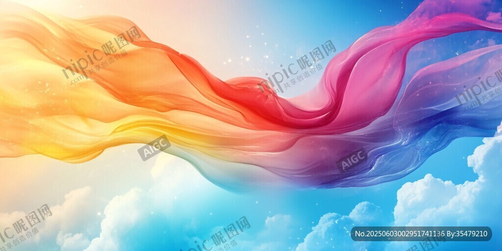 绚丽彩绸飘于蓝天白云间