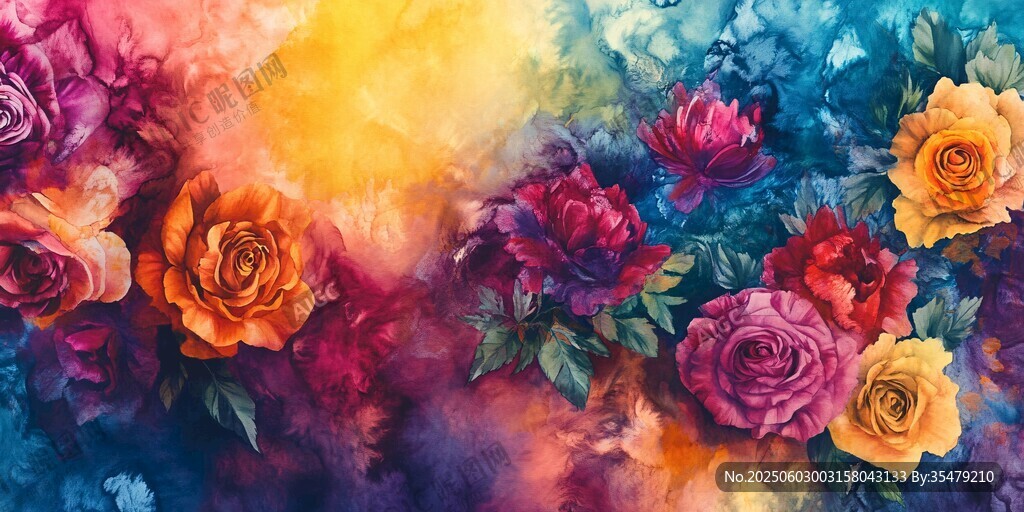 梦幻水彩花卉绚丽绽放