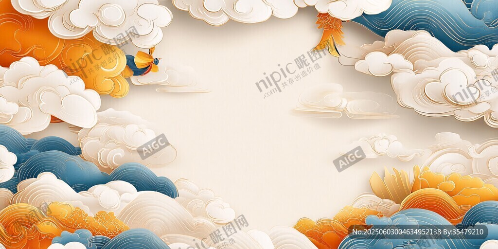 国风云朵飞鸟梦幻背景图