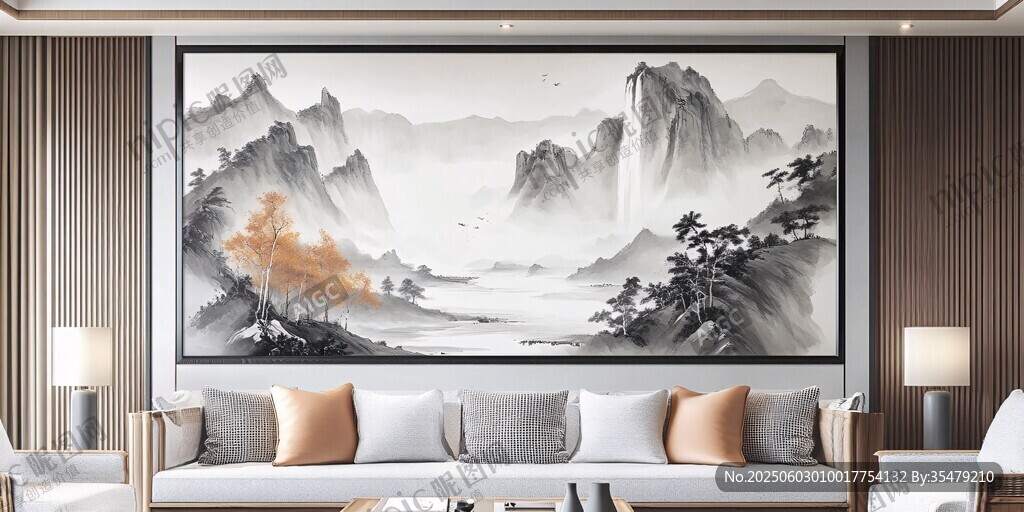 中式客厅中的山水艺术挂画
