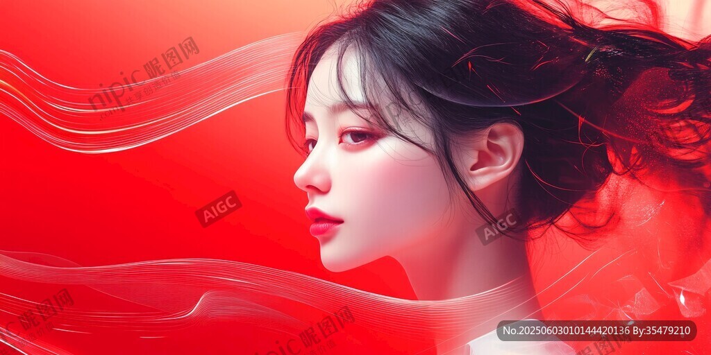 红幕前的飘逸长发女子