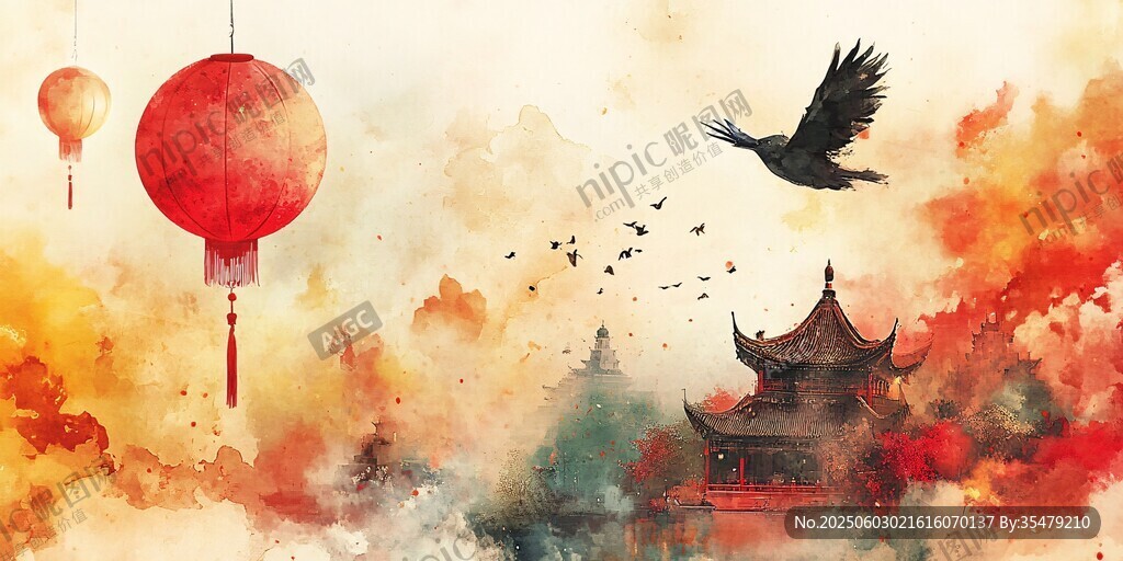 水墨风中式灯笼飞鸟古建筑图