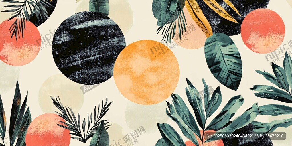 热带植物几何图案背景图
