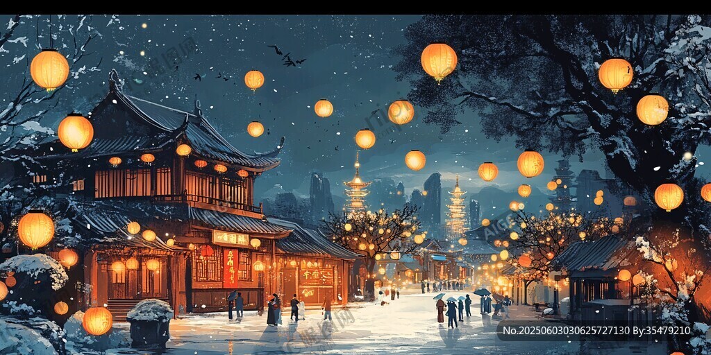 雪夜古街挂灯的唯美景象