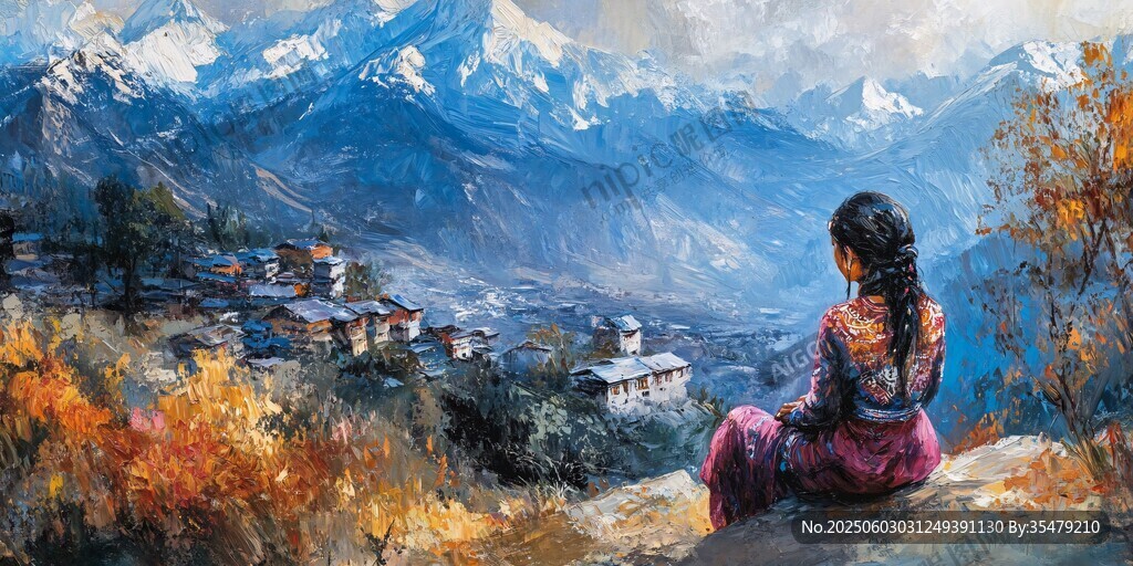 女孩静赏山间秋景