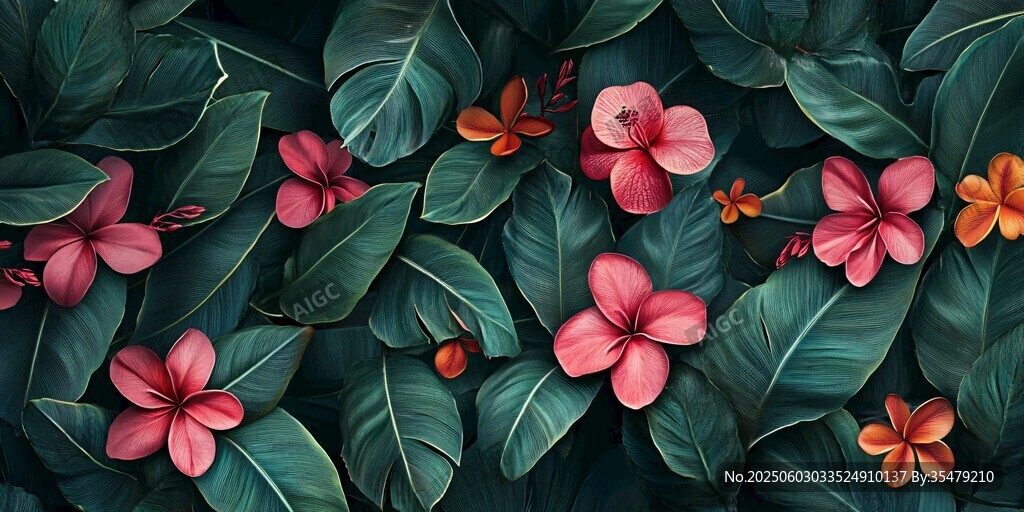 热带花卉绿叶背景图案