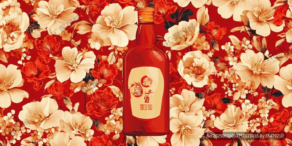 红花簇拥下的精美酒瓶