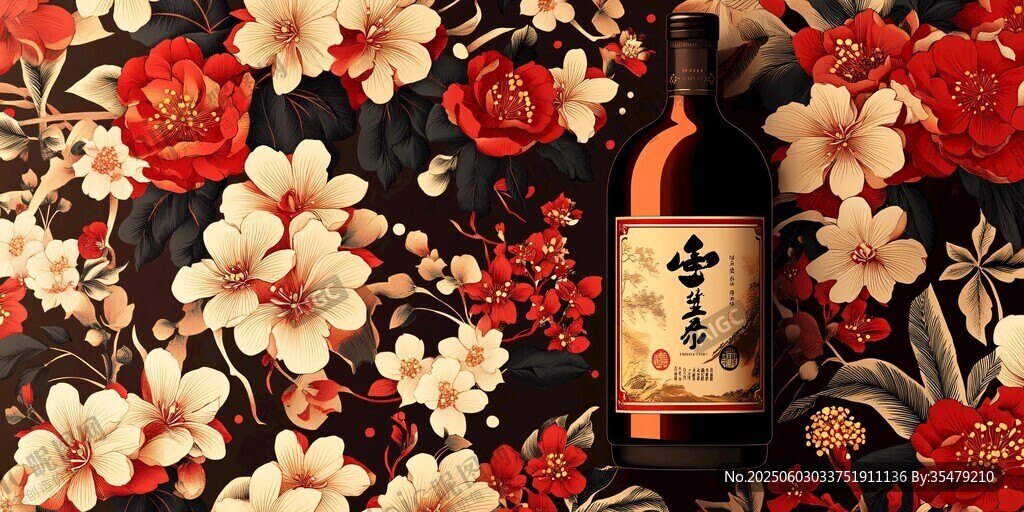 中式花卉背景下的特色美酒