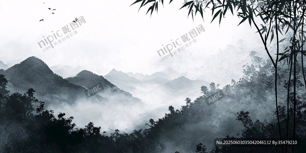 水墨山林间 竹影伴飞鸟