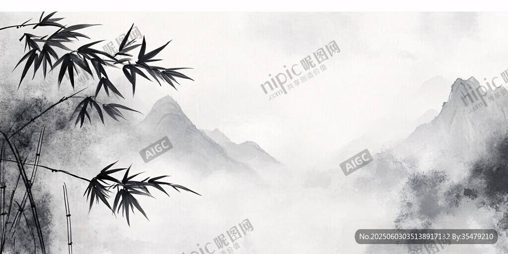 水墨竹影伴远山
