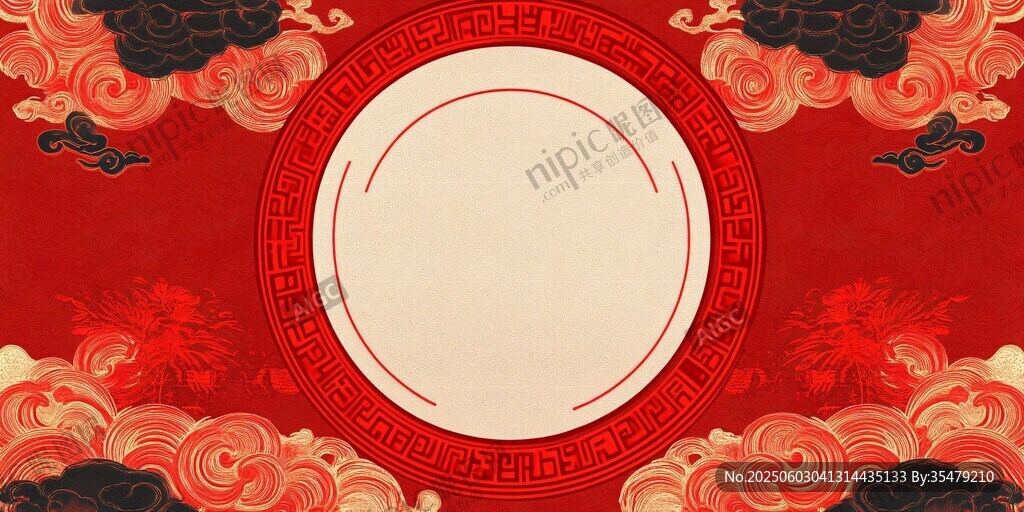 中式红底祥云圆形装饰背景