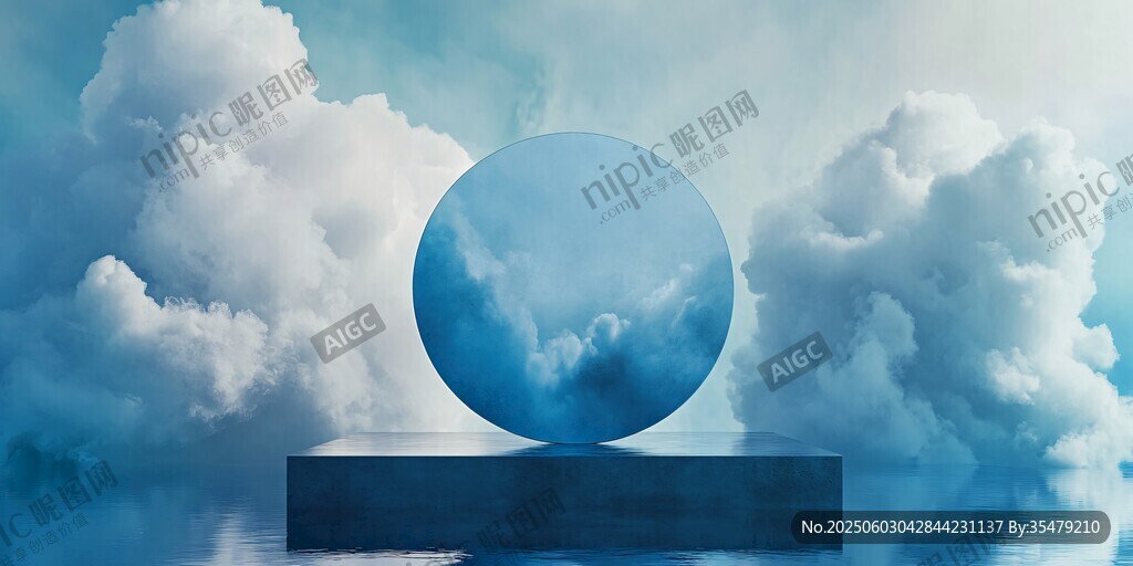 梦幻云端的悬浮蓝色圆球