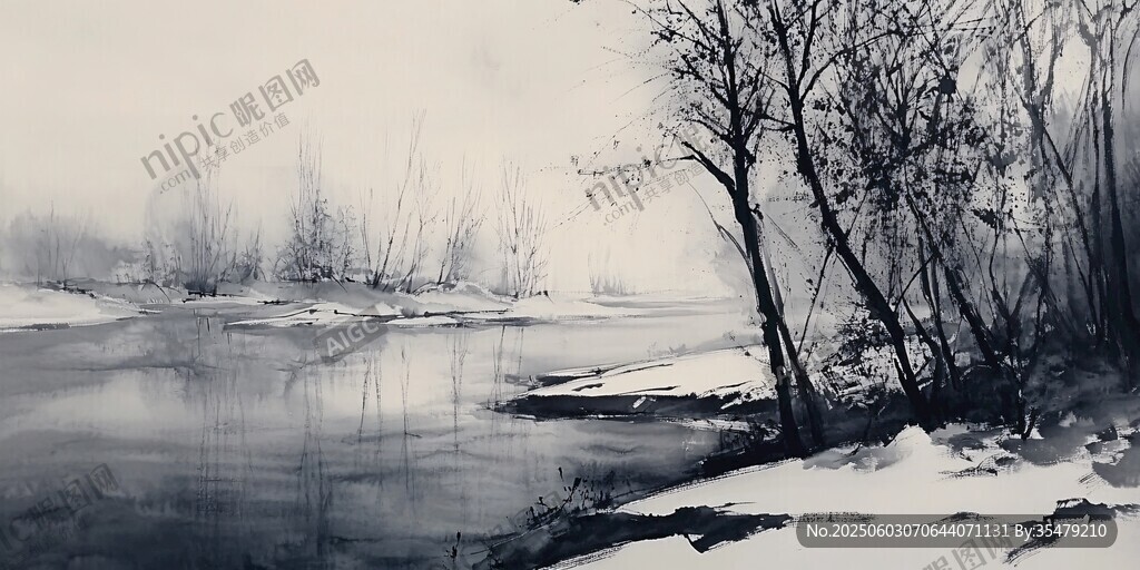 冬日河畔雪景水墨画