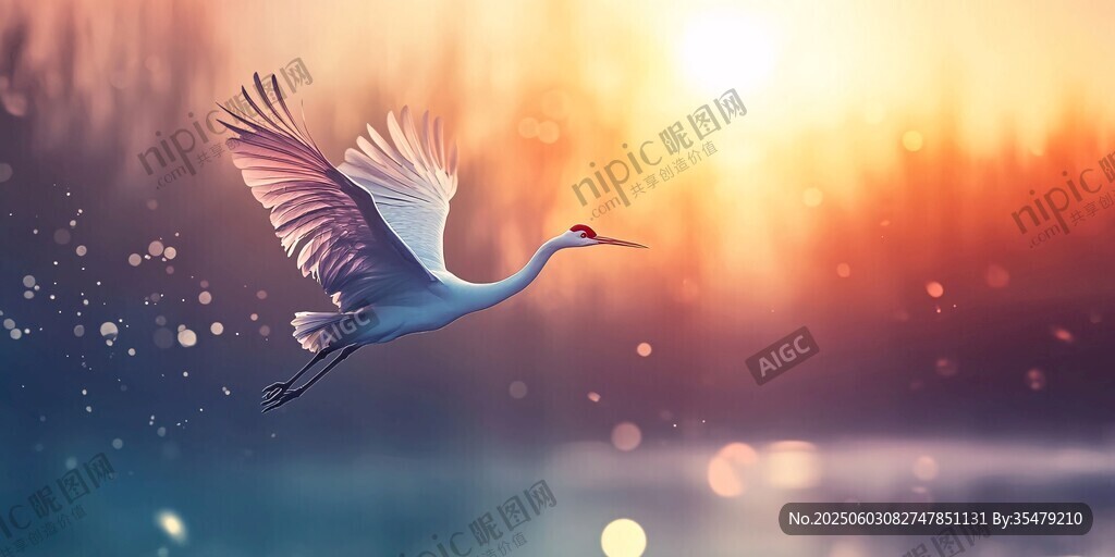 夕阳下白鹤展翅飞翔