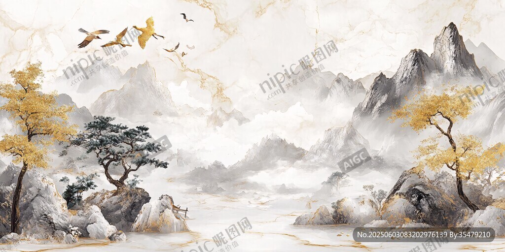 水墨山水间飞鸟伴秋树