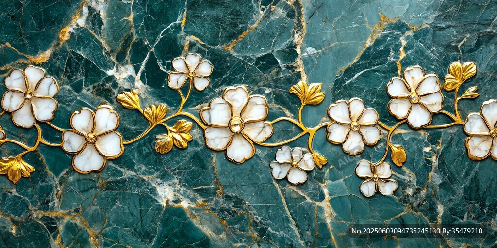 绿玉背景上的金白花卉饰带