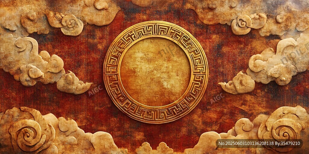 古典祥云环绕的金色圆饰
