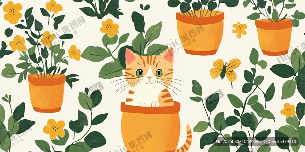 猫咪与盆栽的清新插画