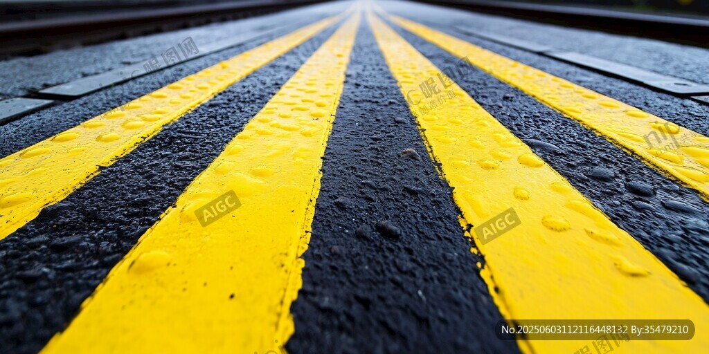 雨后道路上的黄黑警示条纹