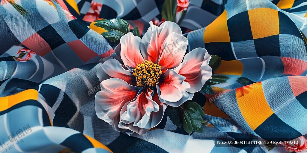 格纹布上绽放的娇艳花朵