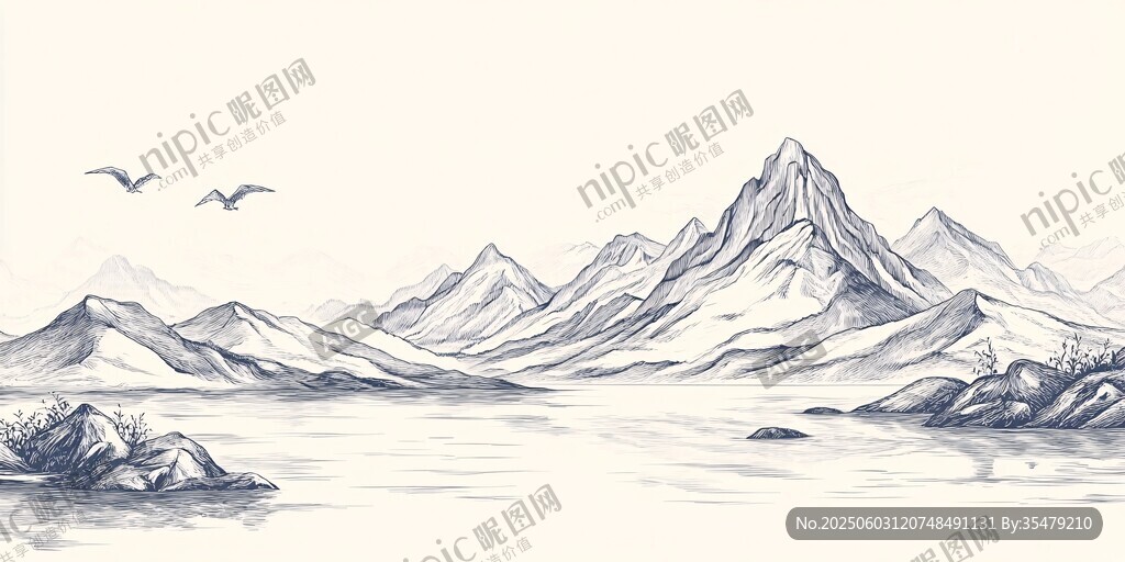 水墨山水间飞鸟掠湖景