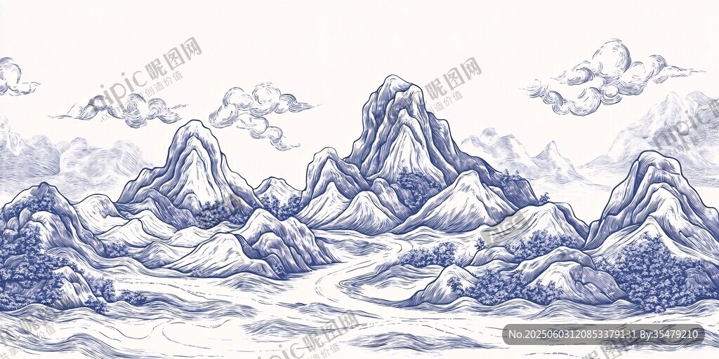 水墨山川云海手绘图景