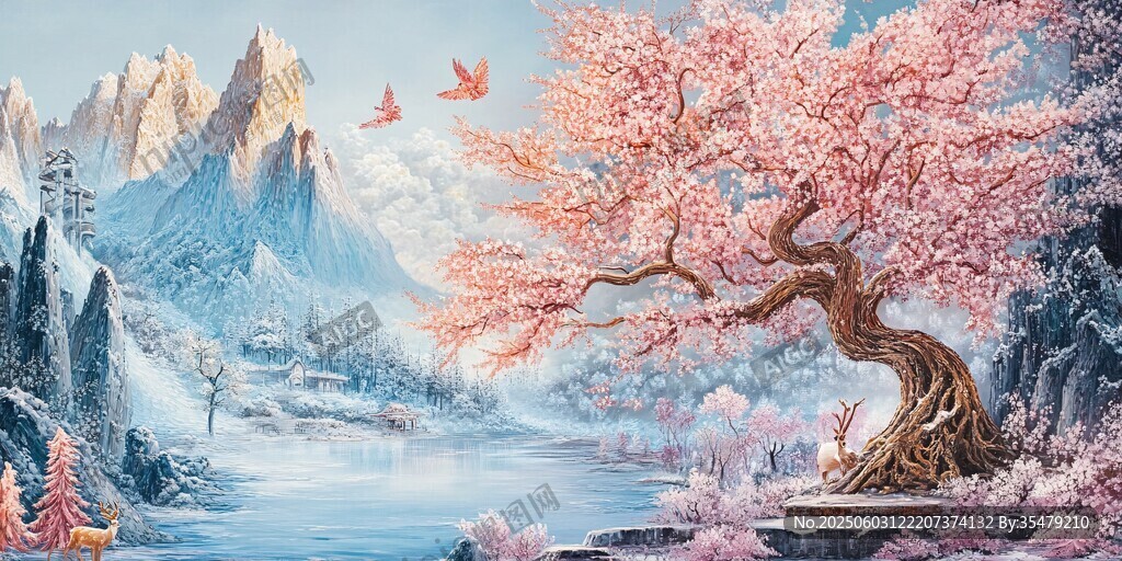 梦幻仙山桃林飞鸟美景